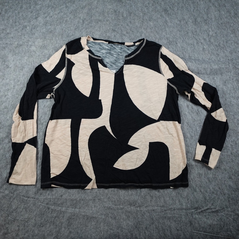 Sanctuary Top Women 1X Black Tan Abstract Geometric Slub Knit V Neck Long Sleeve
